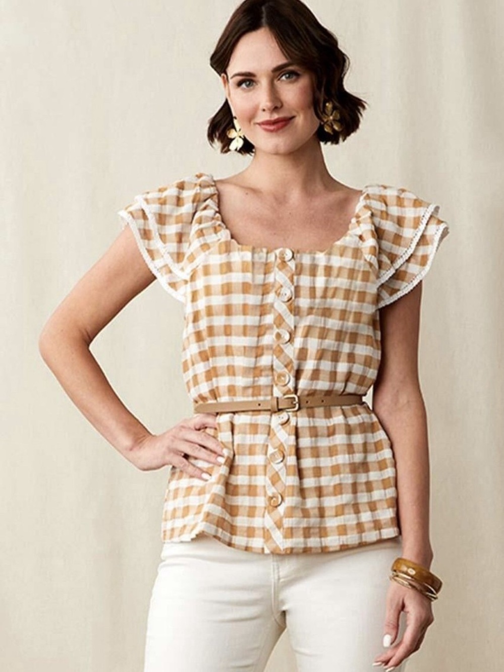 Matilda Jane Annabelle Gingham Ruffle Sleeve Button-Front Top